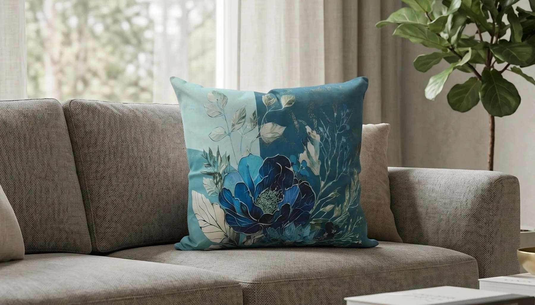Luxury Blue Floral Velvet Cushion Cover Set of 7 (24x24 Inches)