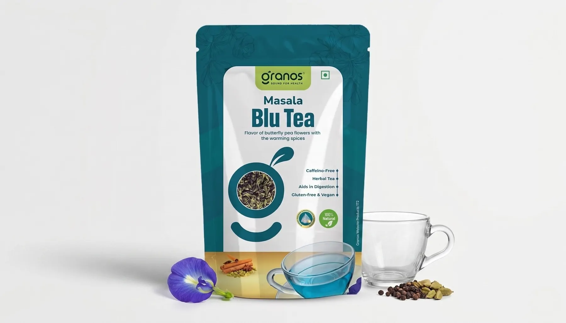 Granos Masala Blu Tea – Butterfly Pea Herbal Tea / 25 tea bags