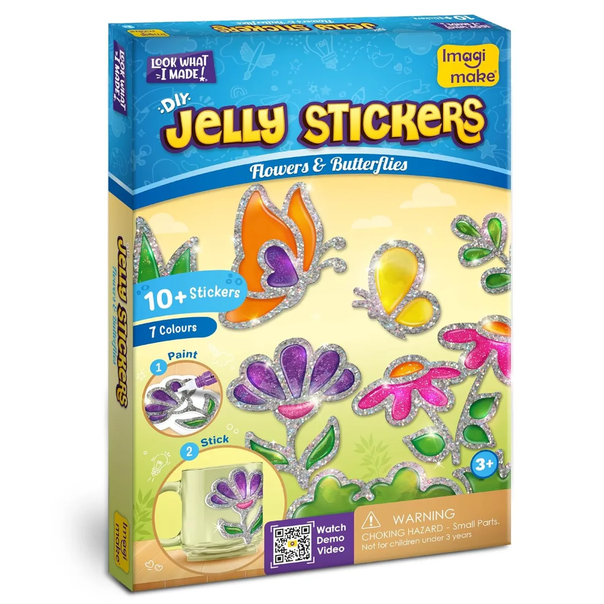Imagimake DIY Jelly Stickers|Flowers & Butterflies|Craft Kit| Age 3+ | 10+ flower & butterfly designs, 7 non-toxic glass paints & glitter outline; paint, peel & stick glossy jelly stickers at home